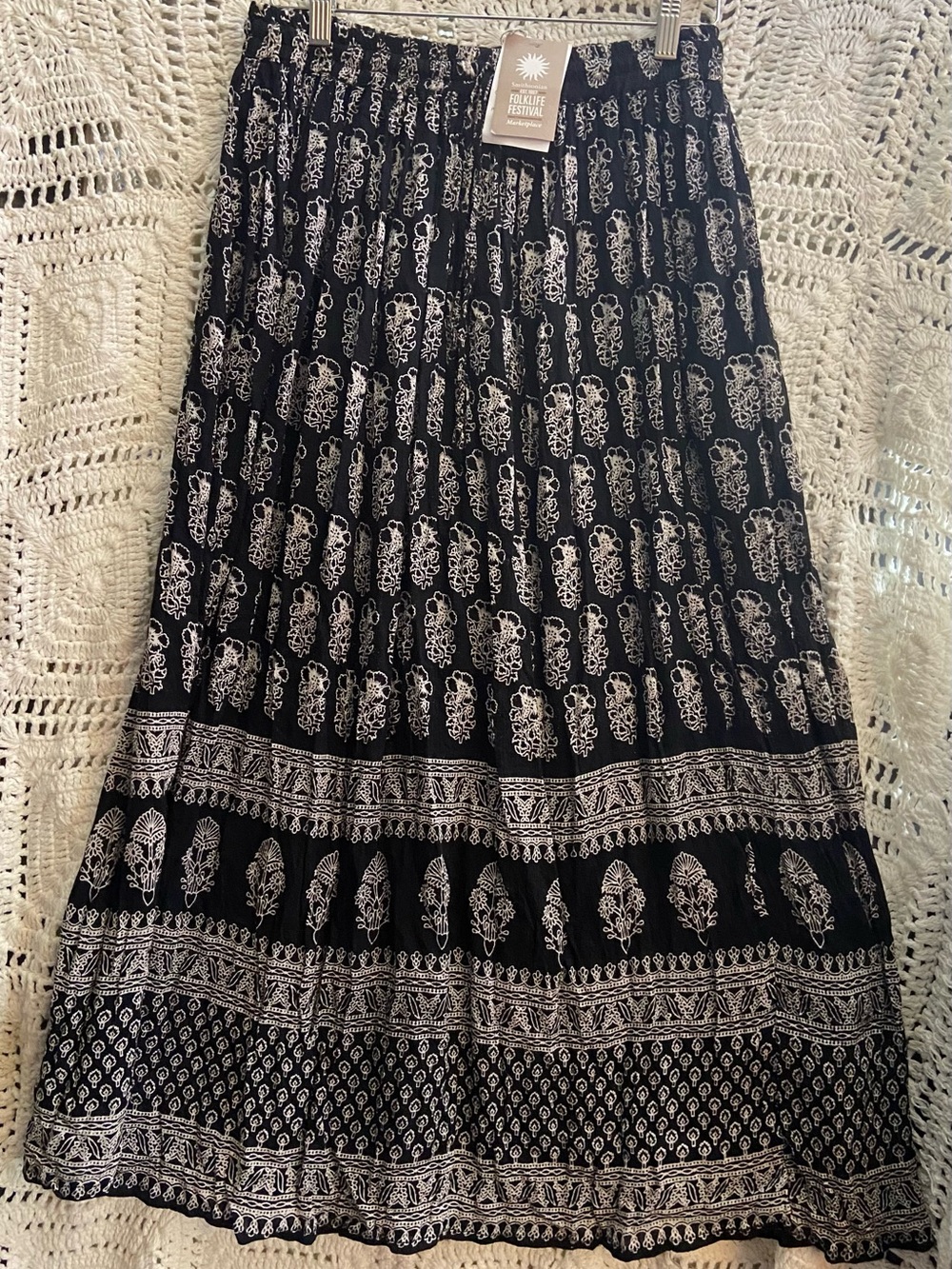 Black White Boho Border Print Tiered Maxi Skirt NWT One Size